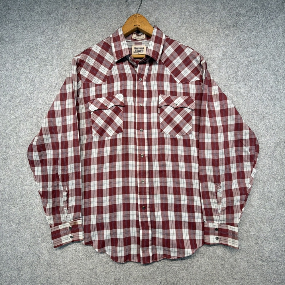 Levis Vintage Western Pearl Snap Shirt Mens Large Red Plaid 70's 80's